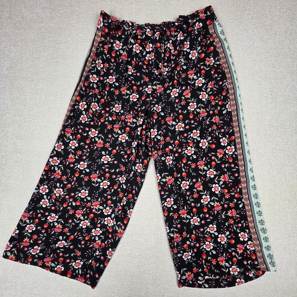 Adrienne Vittadini Womens Floral Wide Leg Pants Paperbag Waist Black Red Large